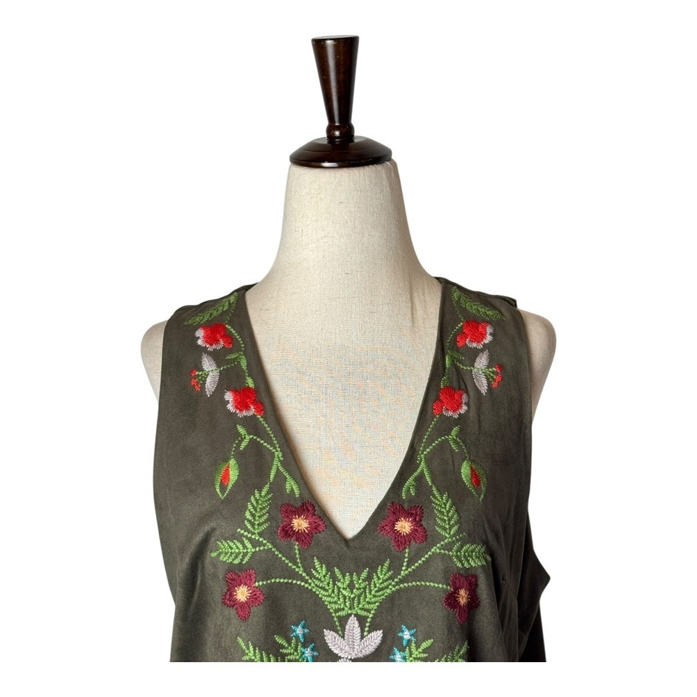 Umgee Dress‎ Women Small Olive Green Faux Suede Floral Embroidered Mini Bohemian - Picture 6 of 11